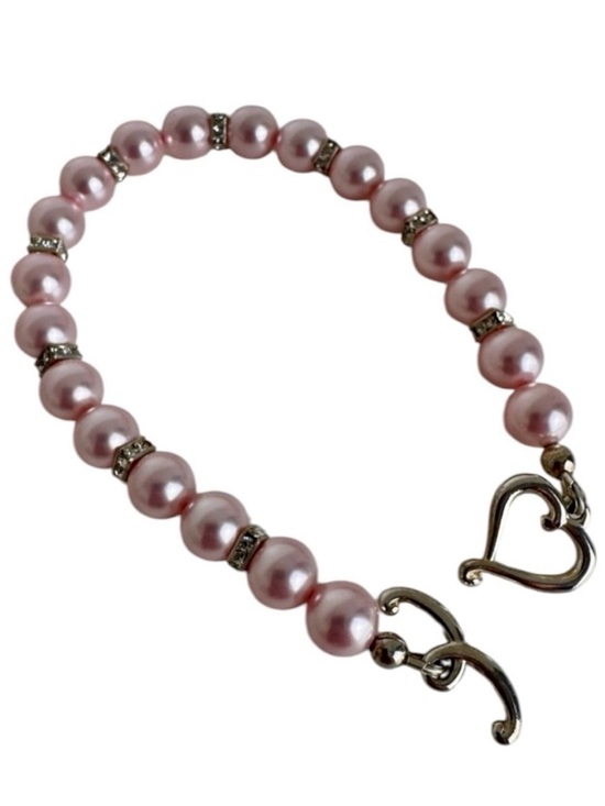 Jewelry - Pink Faux Pearl Heart Toggle Bracelet Rhinestone Beaded Silver Tone 8.5”